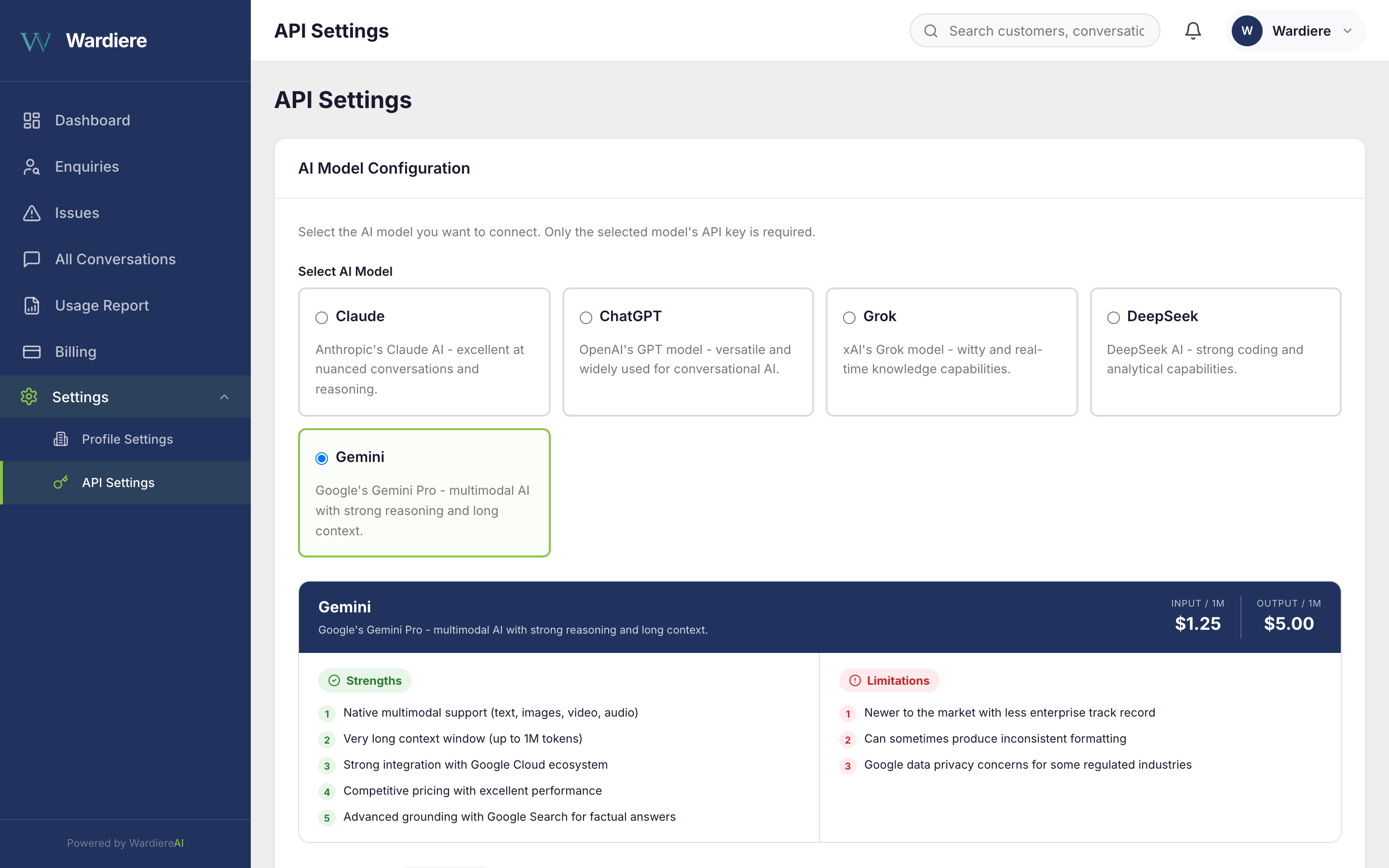 WardiereAI AI Model Configuration - Choose from Claude, ChatGPT, Grok, DeepSeek, or Gemini